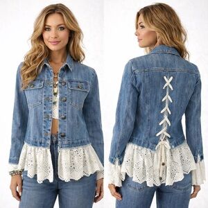 SUGARLIPS Corseted Lace Trim Denim Jean Jacket Button Up Dark Wash Blue Size XS